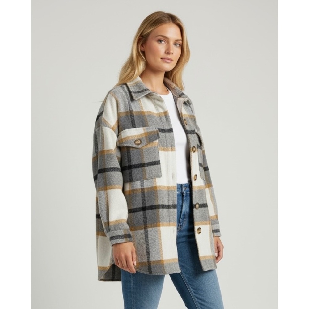 Coeur De Vague Plaid Shacket Large Grey Cream Gold Oversized Shirt Jacket‎
